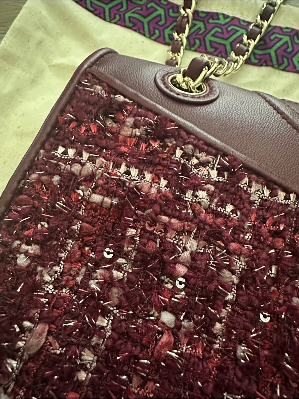 Tory Burch FLEMING Burgundy Tweed Chain-Strap Shoulder Bag